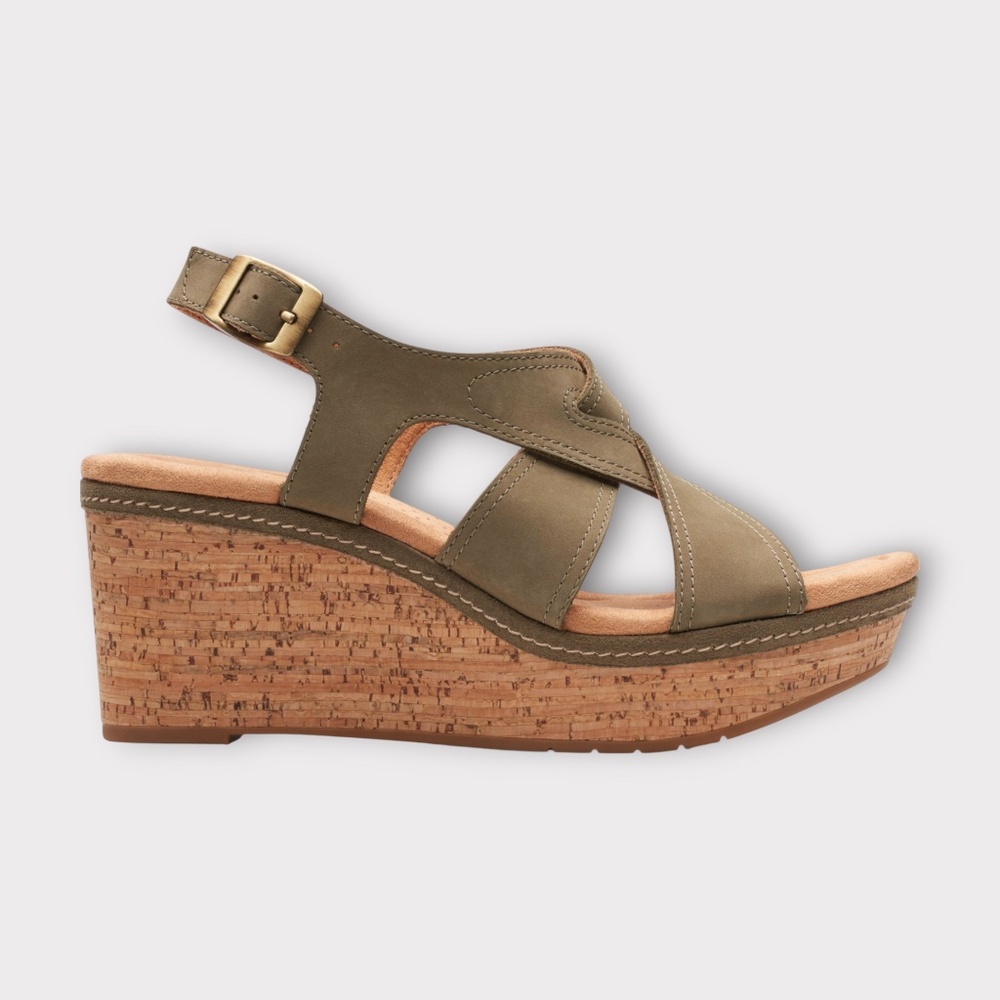 Women's Clarks Elleri Rae Wedge Sandal in Olive Nubuck. 26171446